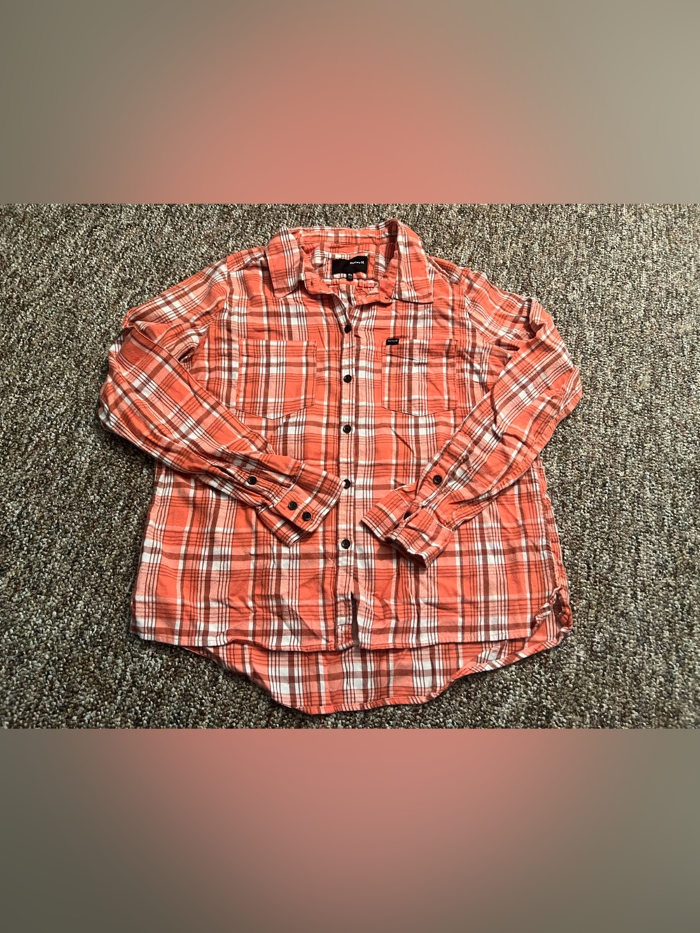 Hurley Men’s Orange Plaid Cotton Business Casual Button-Down Shirt Size XL